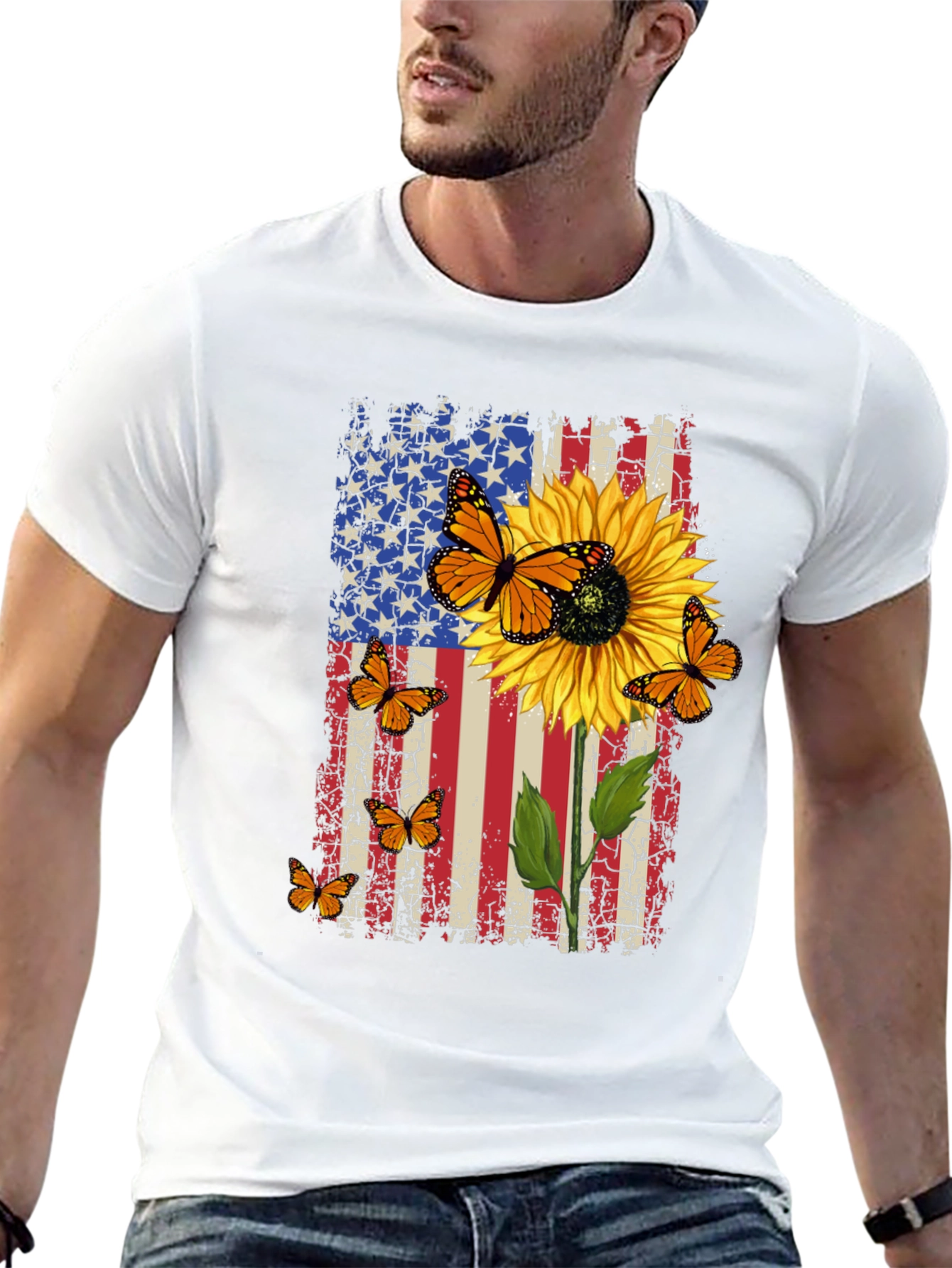Patriotic Sunflower Butterfly Graphic T-Shirt