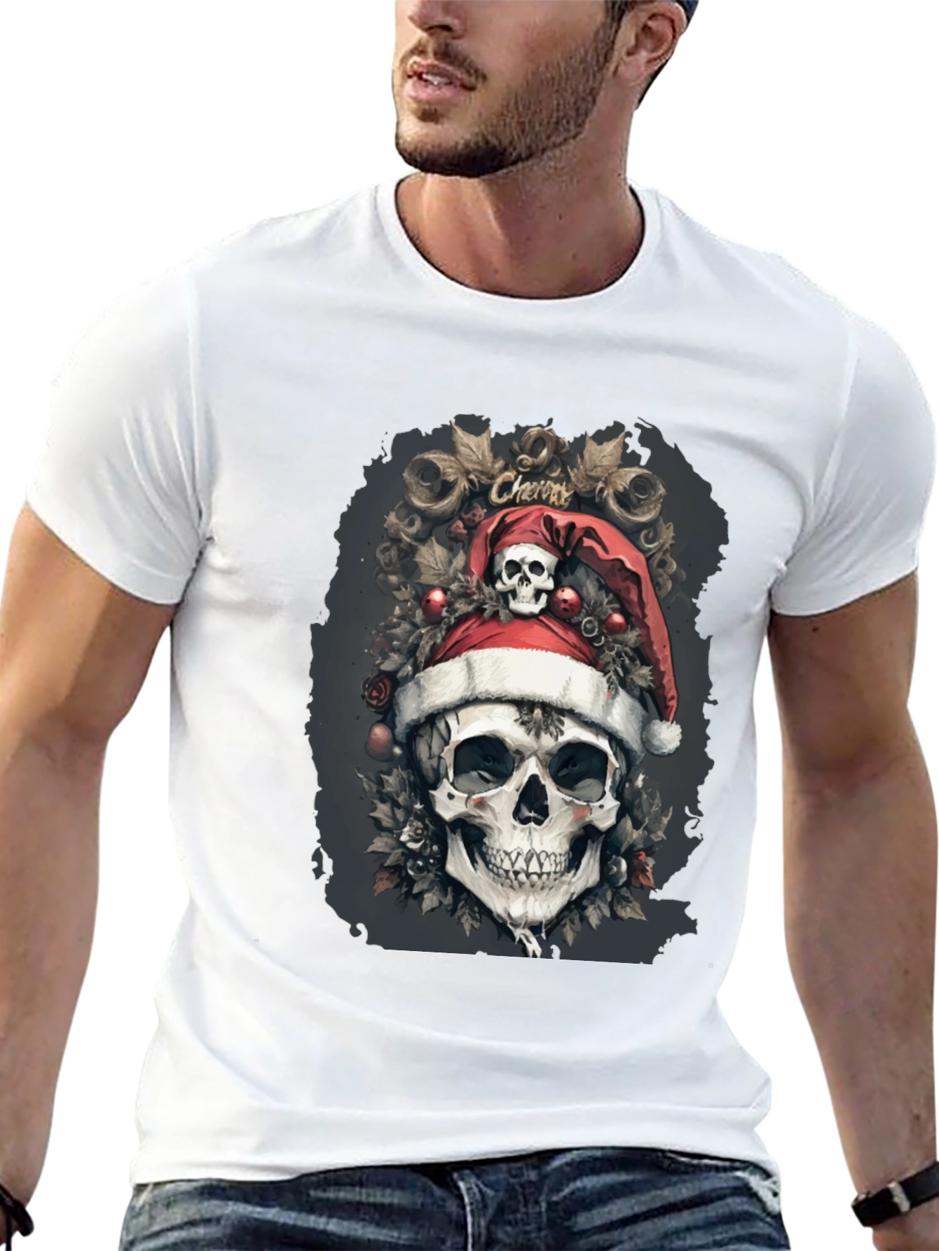 Festive Skull Graphic Tee - Holiday Skeleton Shirt