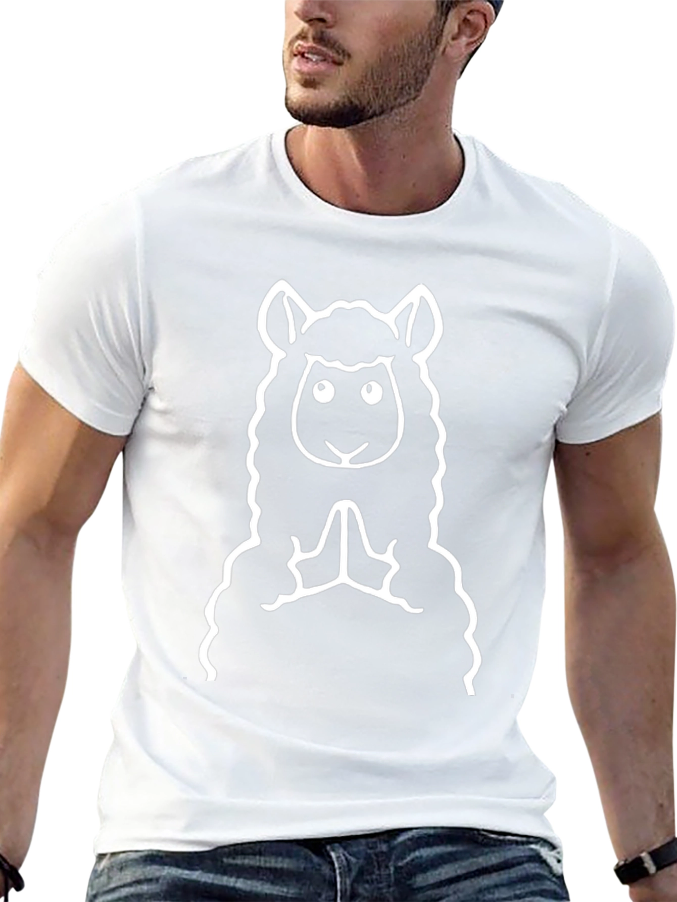 Black T-Shirt with White Praying Llama Design