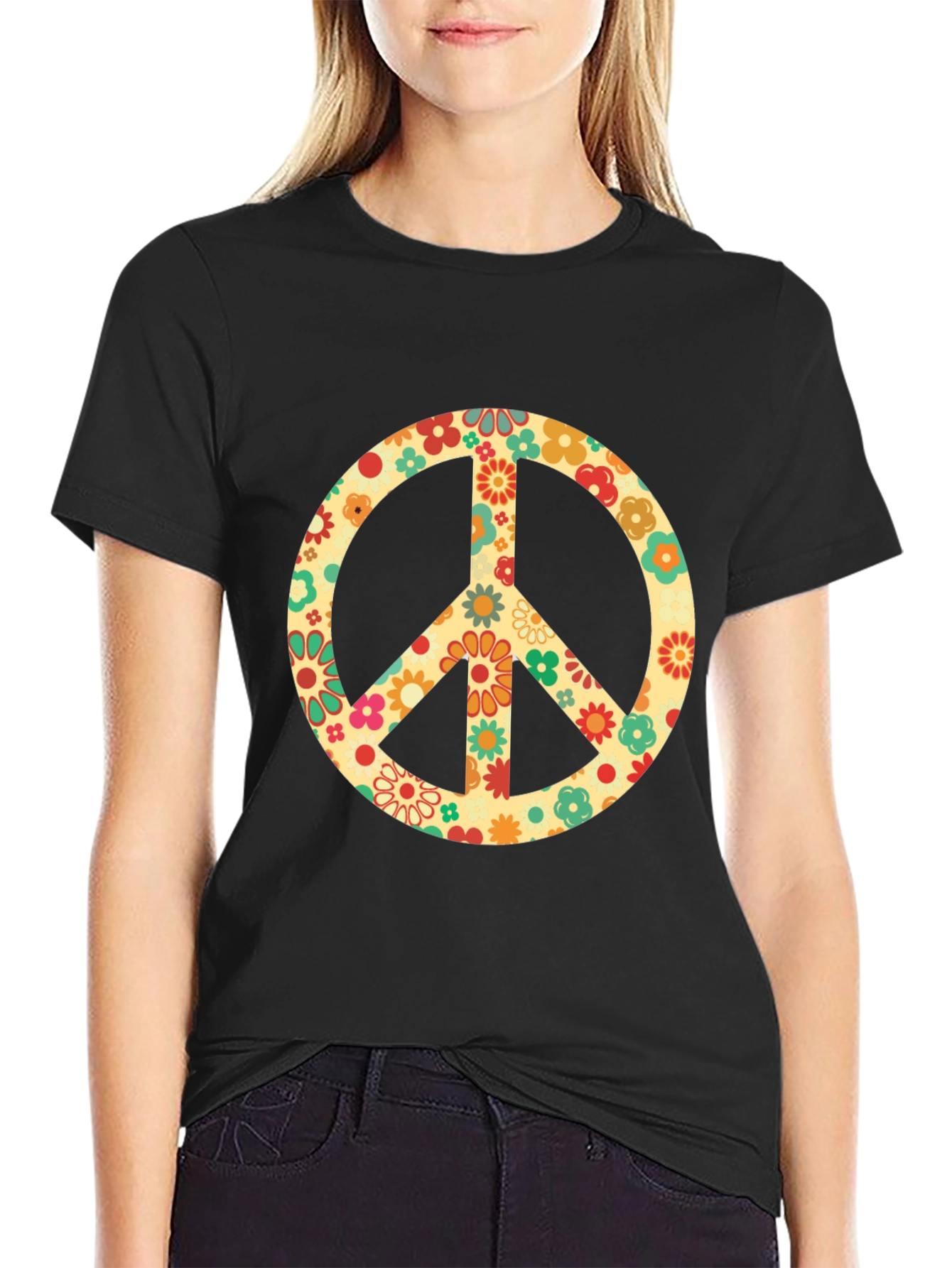 Retro Floral Peace Sign Graphic T-Shirt