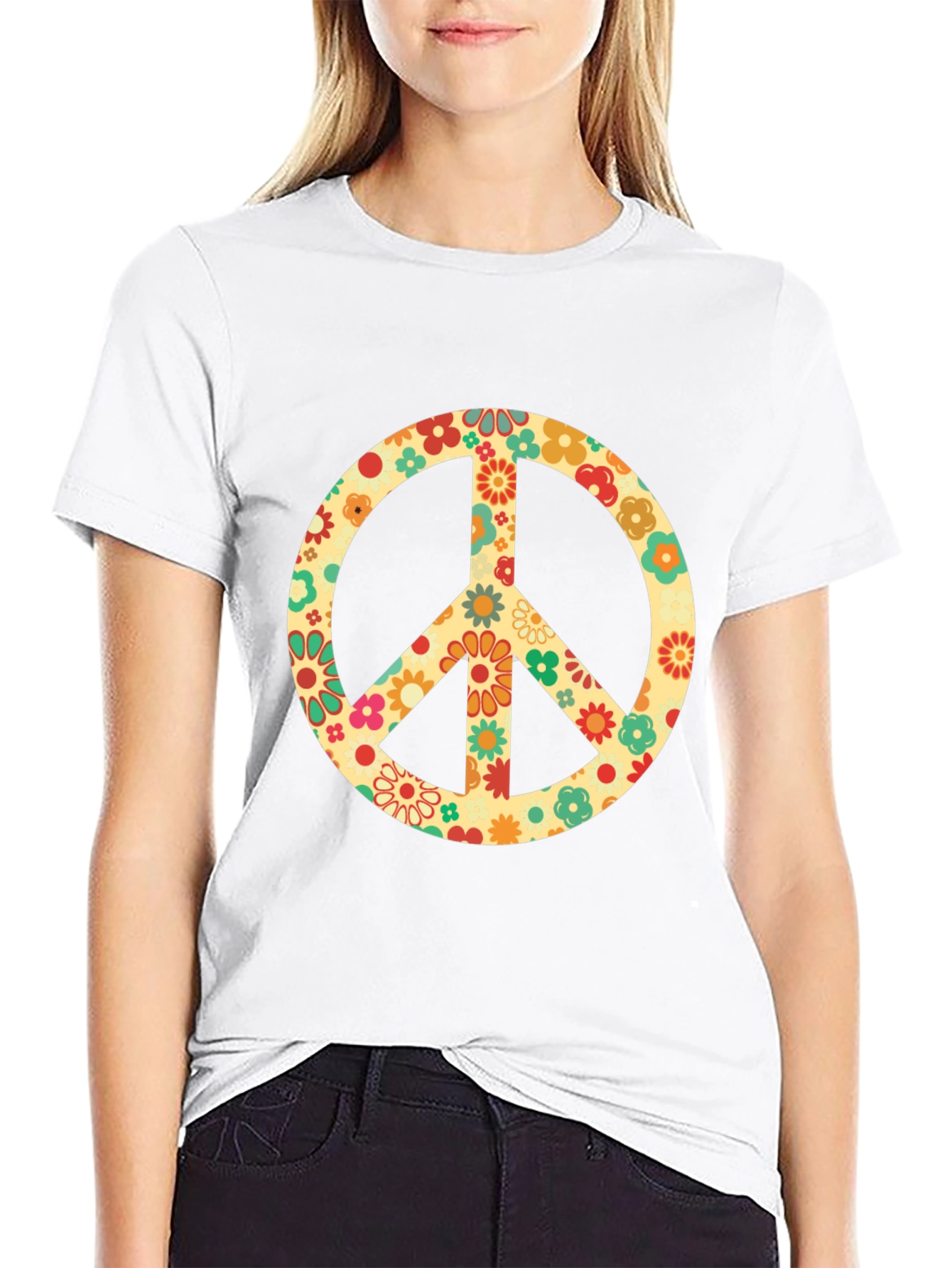 Retro Floral Peace Sign Graphic T-Shirt