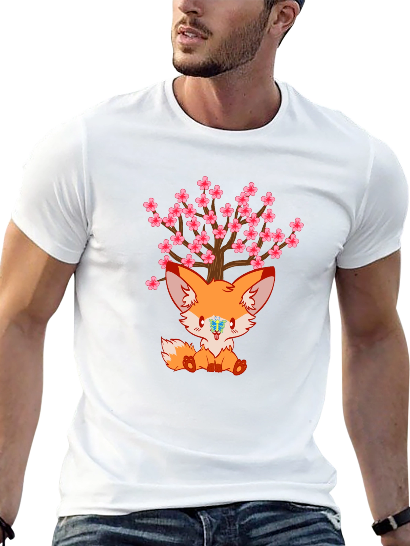Cute Fox Cherry Blossom Tree Graphic T-Shirt