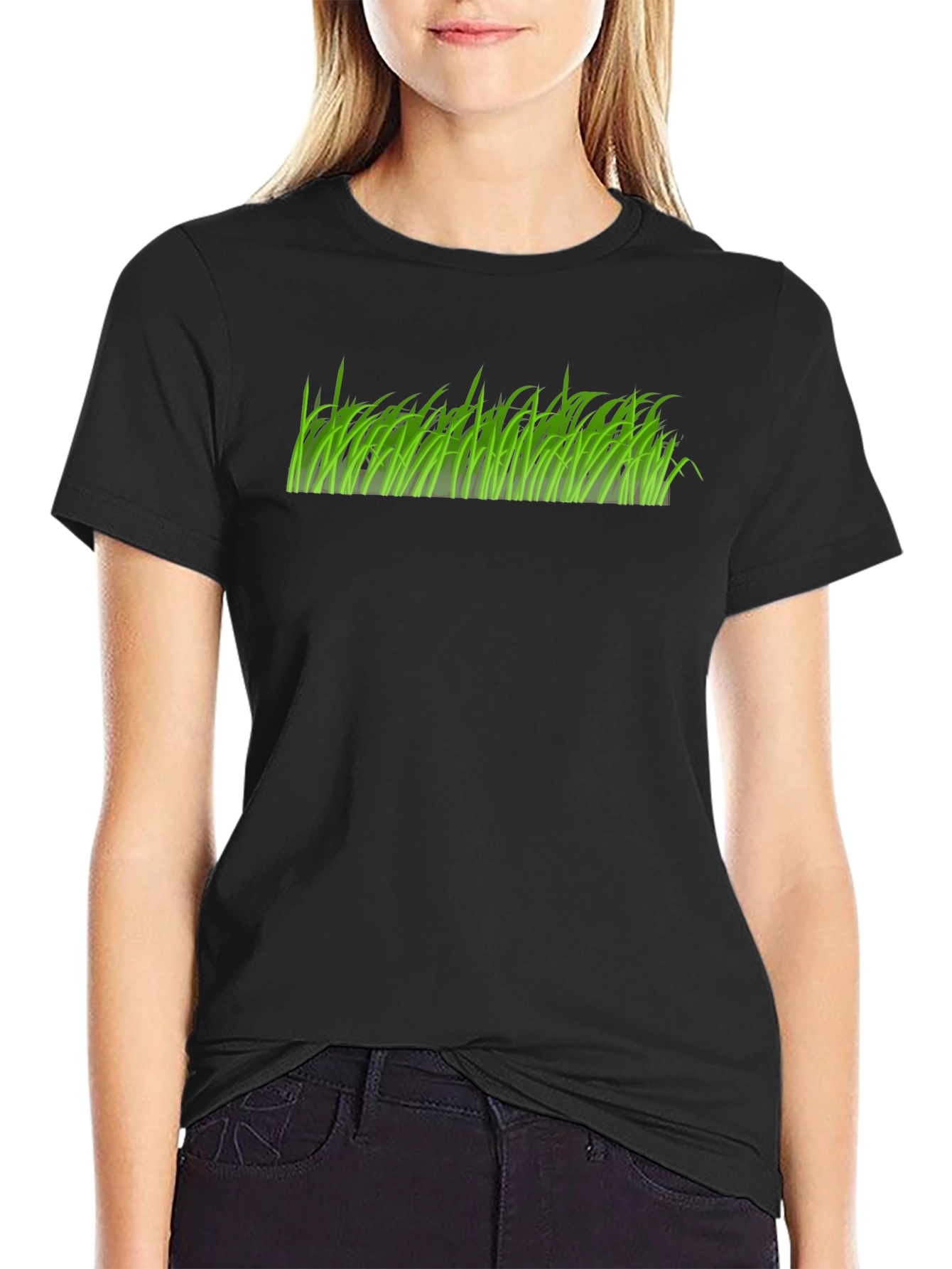 Green Grass Graphic Print Black T-Shirt