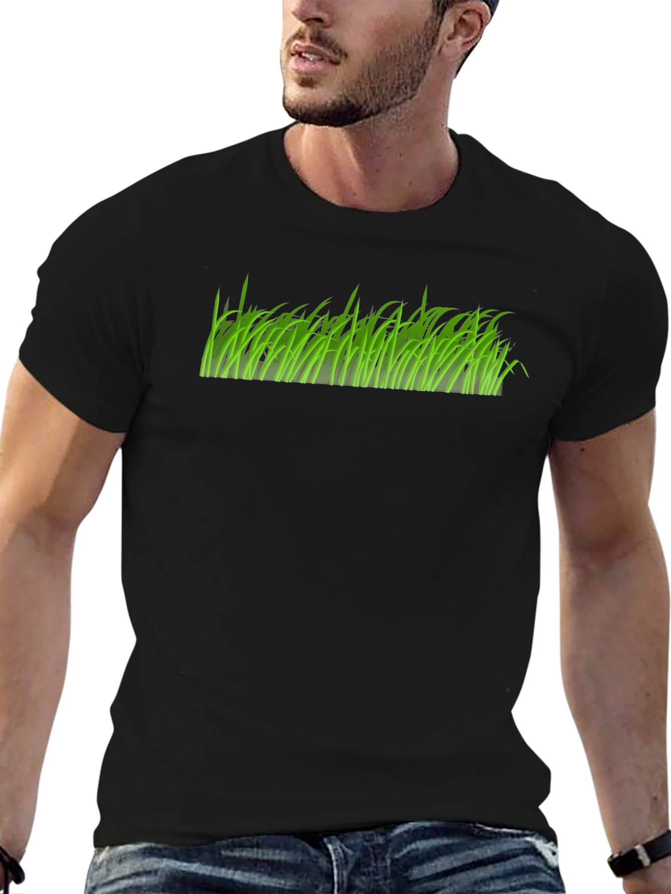 Green Grass Graphic Print Black T-Shirt