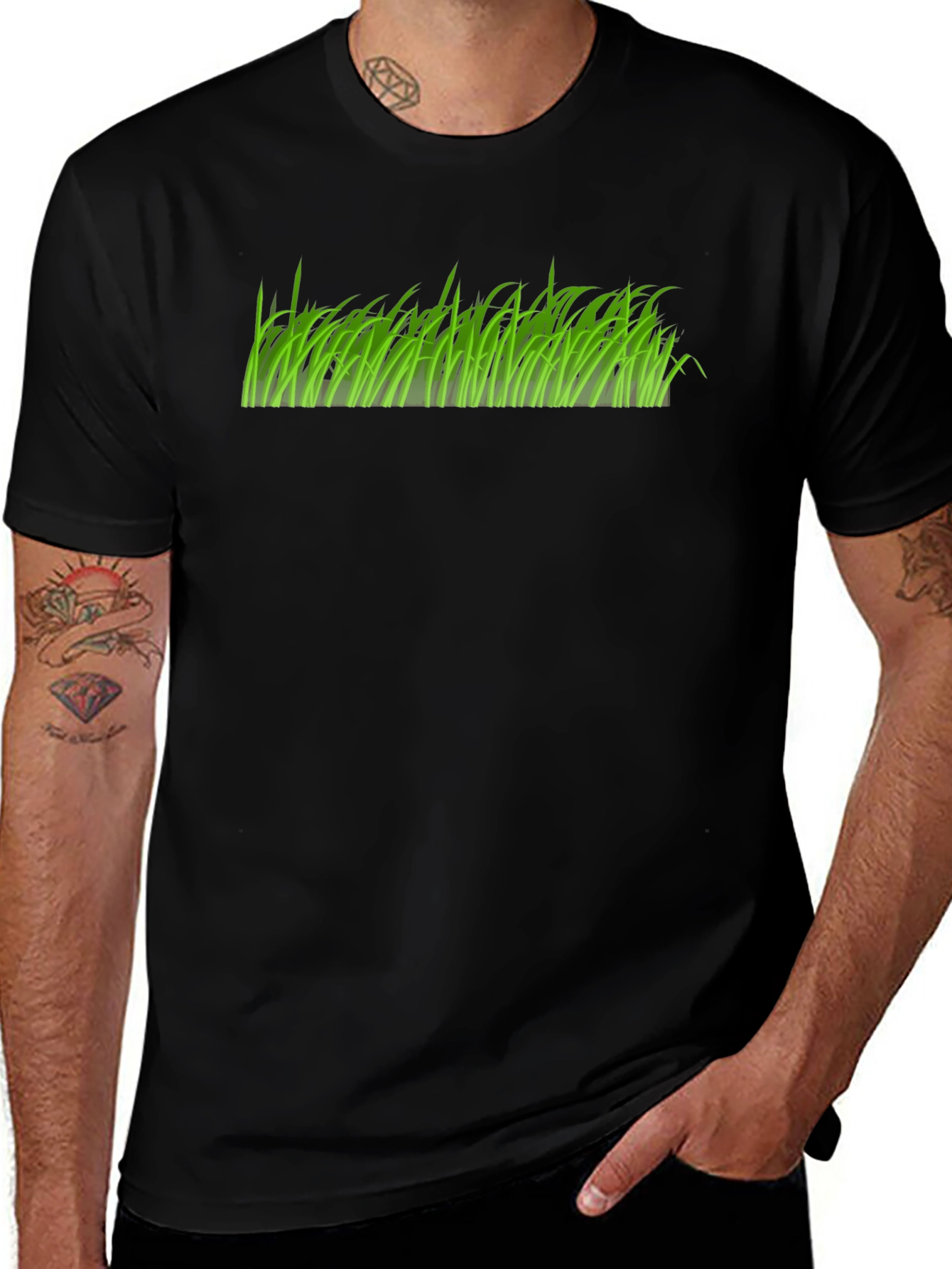 Green Grass Graphic Print Black T-Shirt