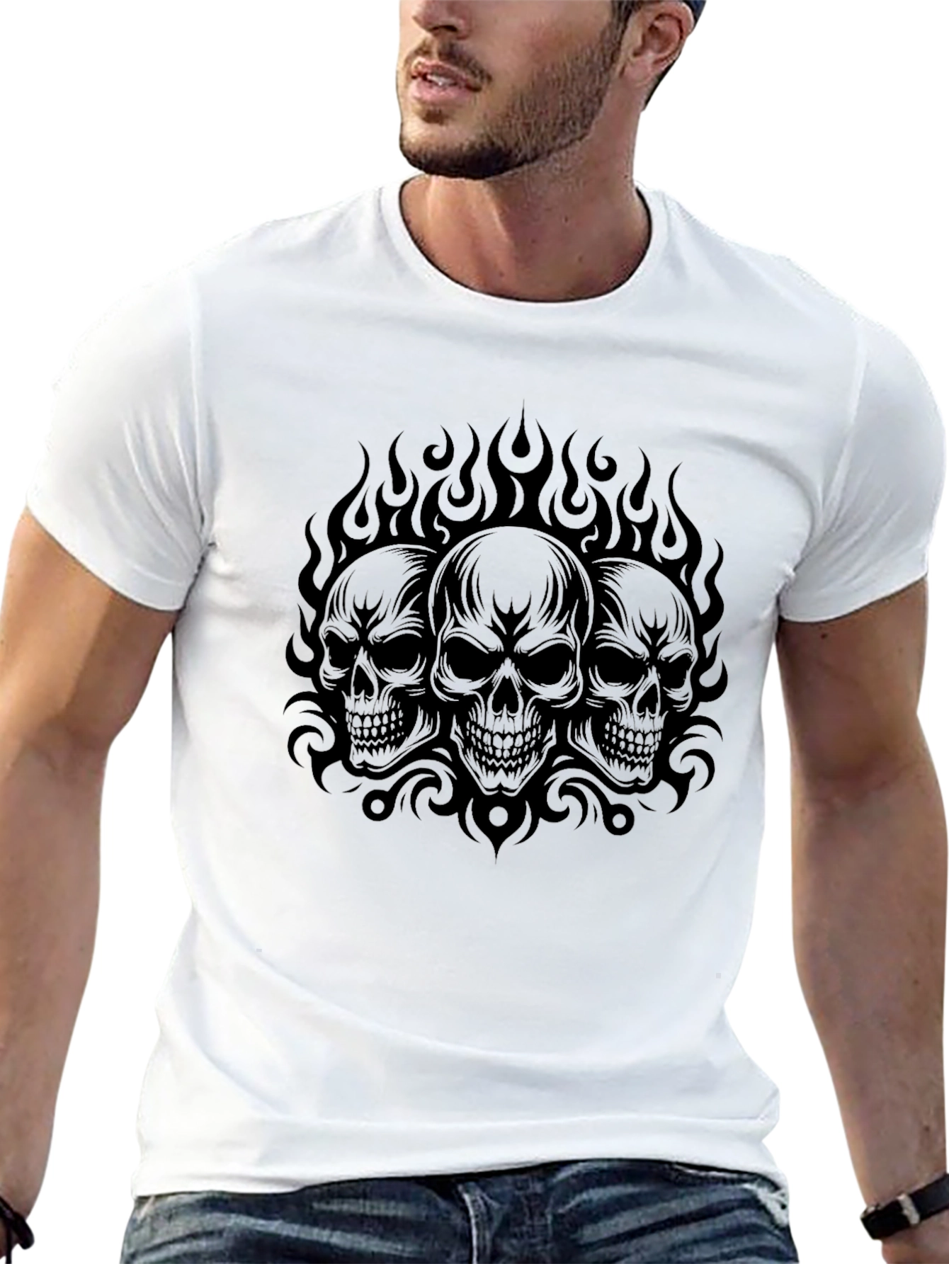 Skull Flames Graphic Print Black T-Shirt