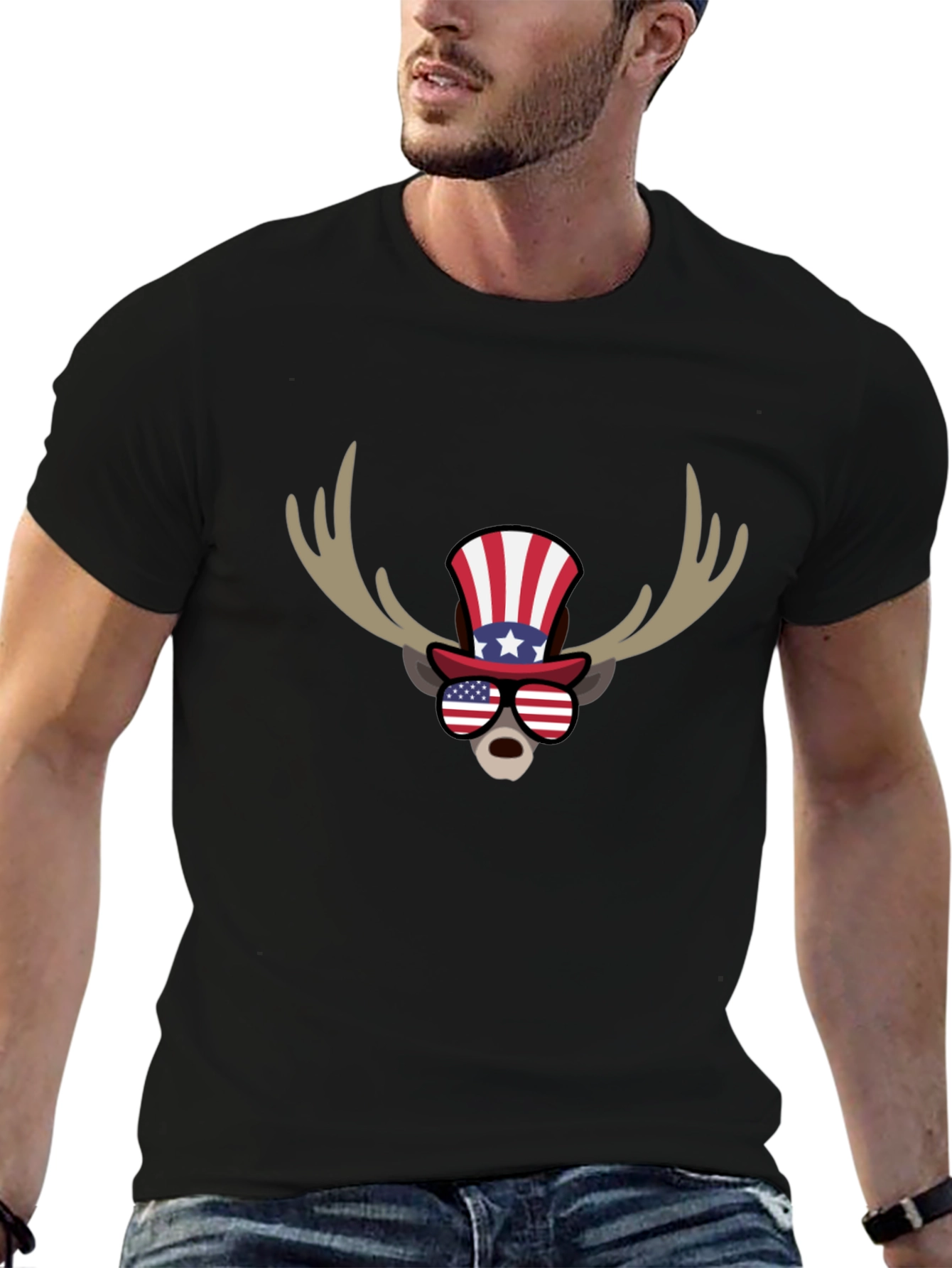Patriotic Moose Graphic T-Shirt - American Flag