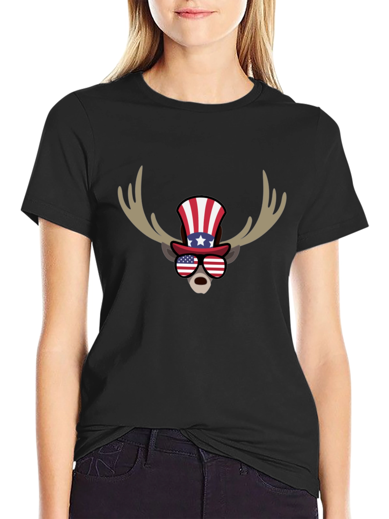 Patriotic Moose Graphic T-Shirt - American Flag