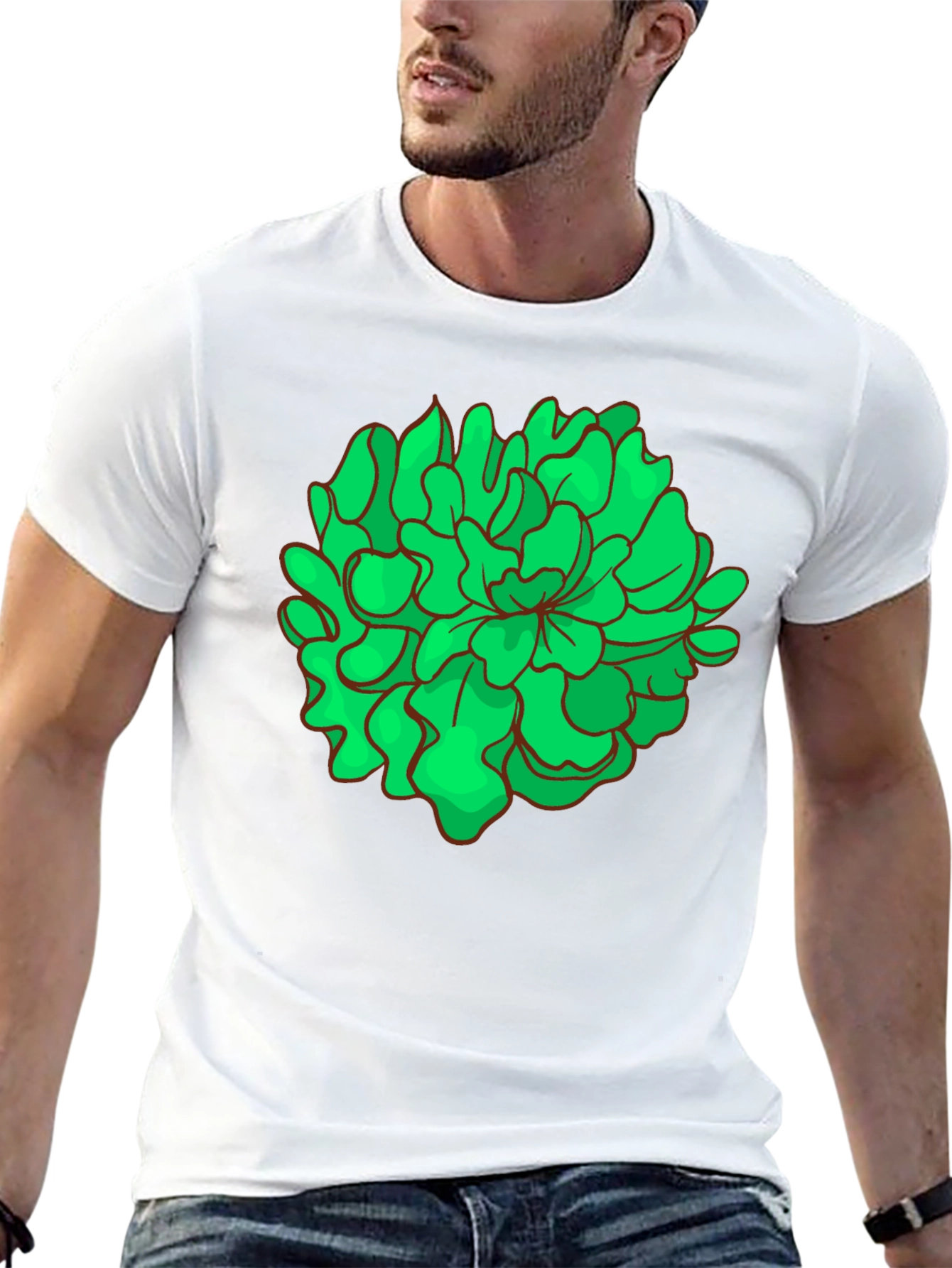 Green Floral Graphic Black T-Shirt