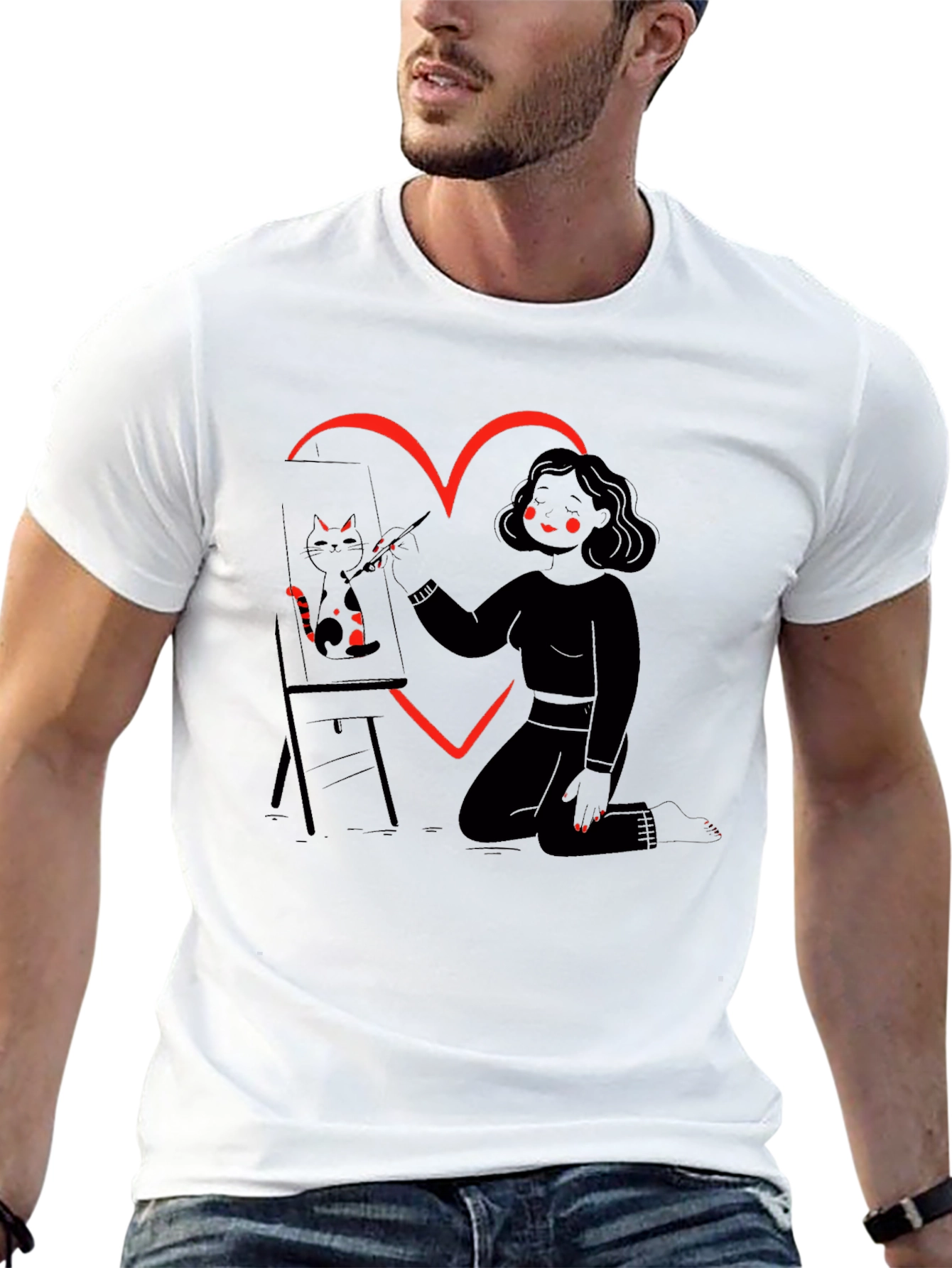 Cat Artist T-Shirt Heart Graphic Tee