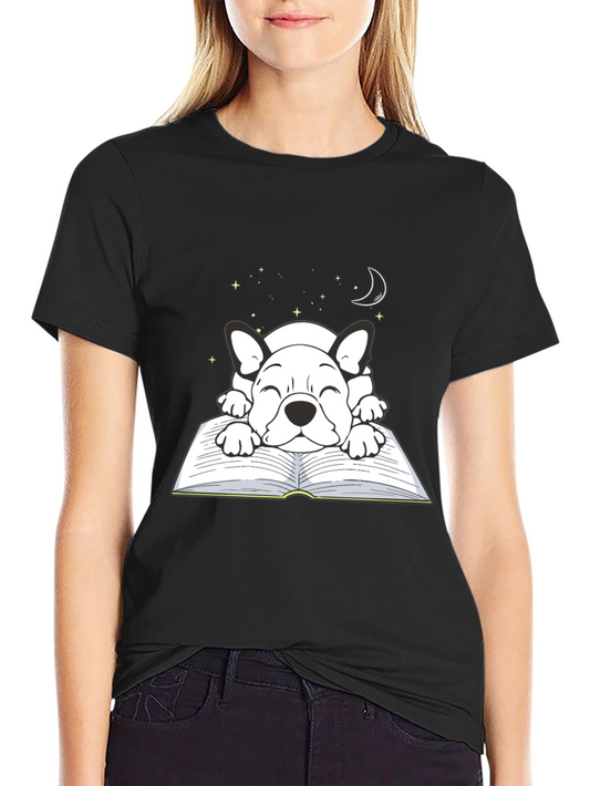 Cute Dog on Book T-Shirt - Sleepy Puppy Design