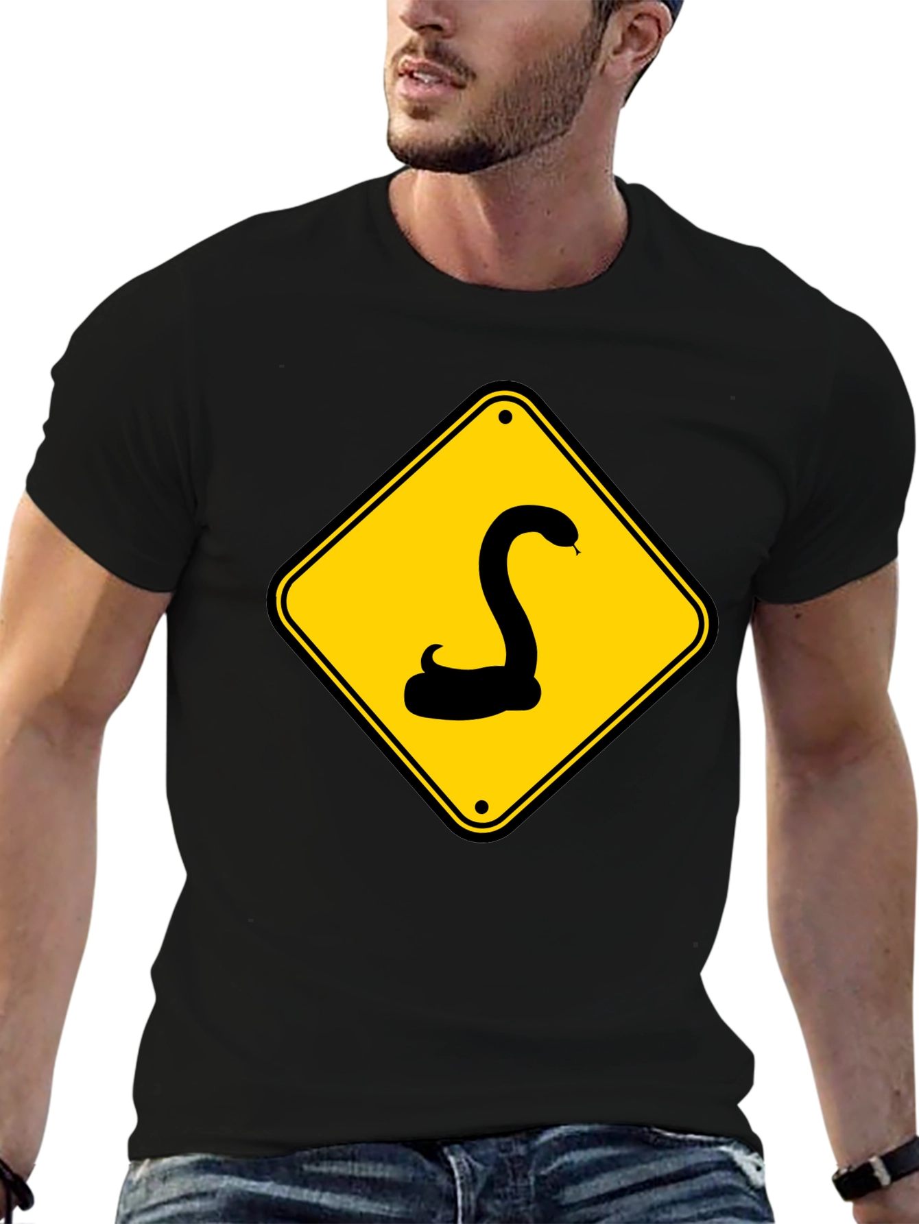 Snake Warning Sign Graphic Tee - Black Cotton