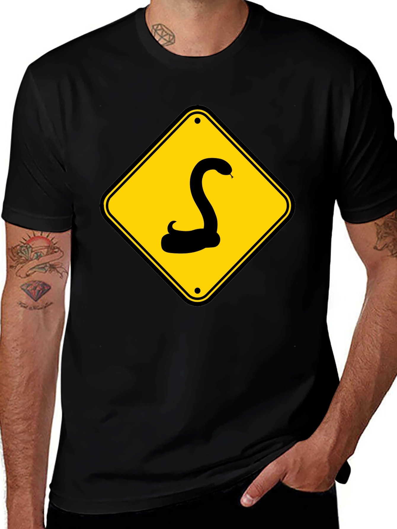 Snake Warning Sign Graphic Tee - Black Cotton