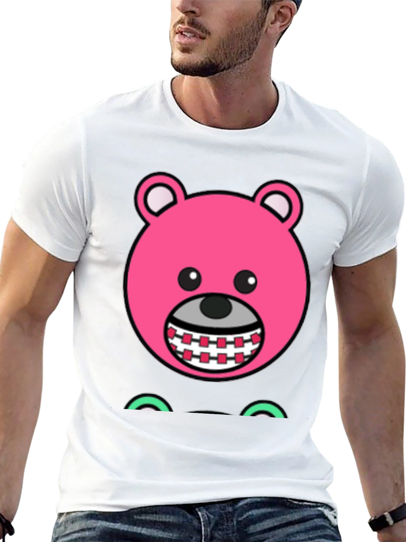 Novelty Pink Bear Cartoon Graphic Black T-Shirt