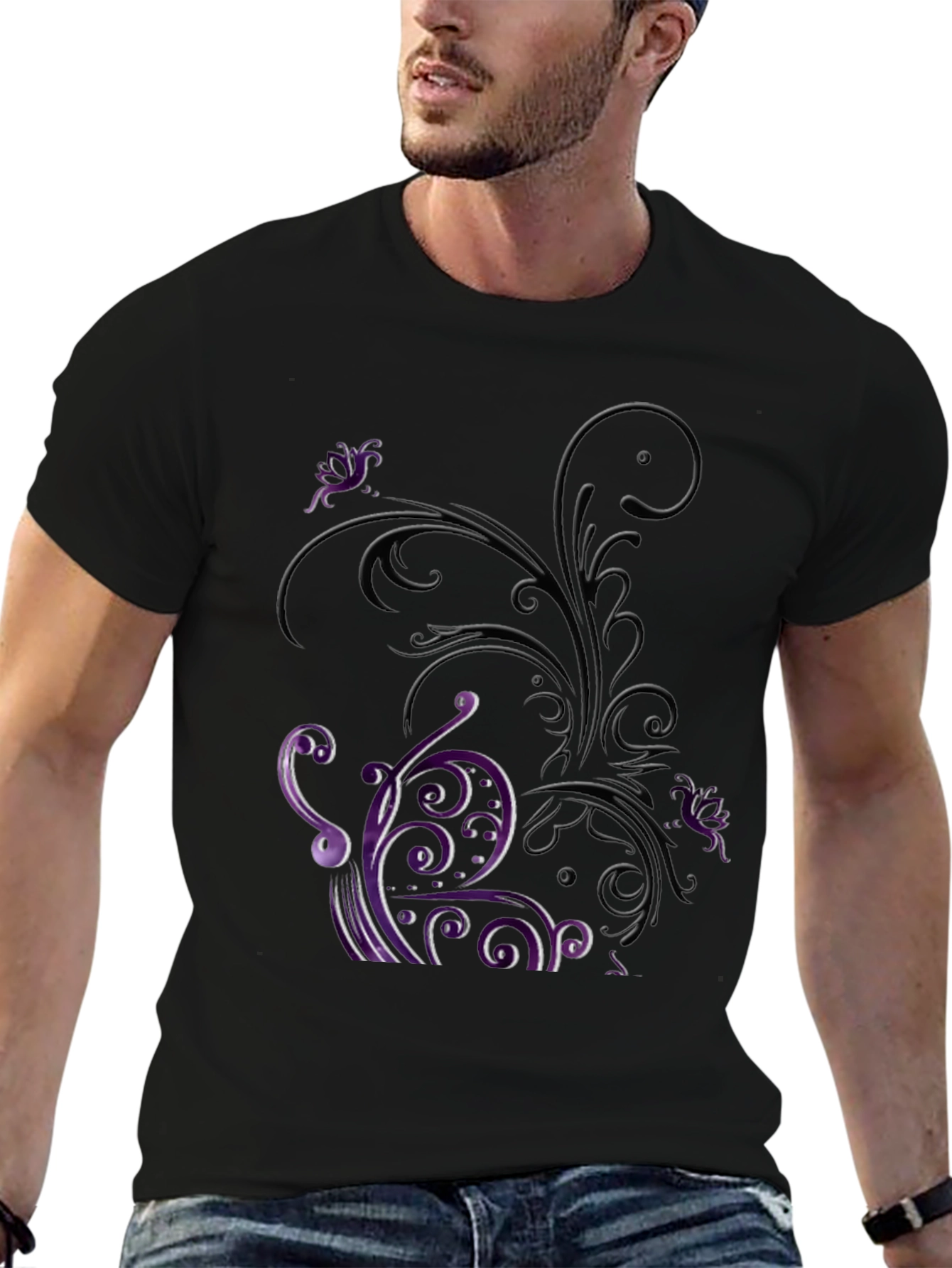 Floral Scrollwork Graphic Tee - Black