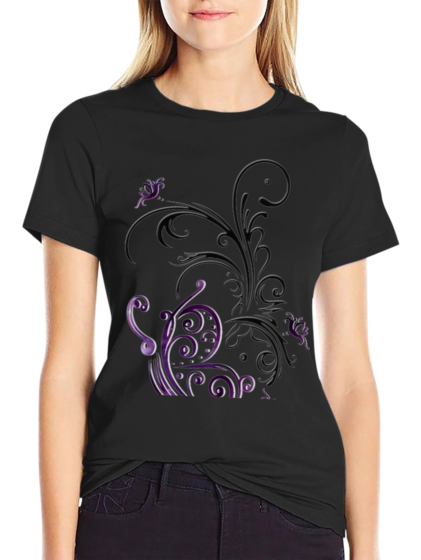 Floral Scrollwork Graphic Tee - Black