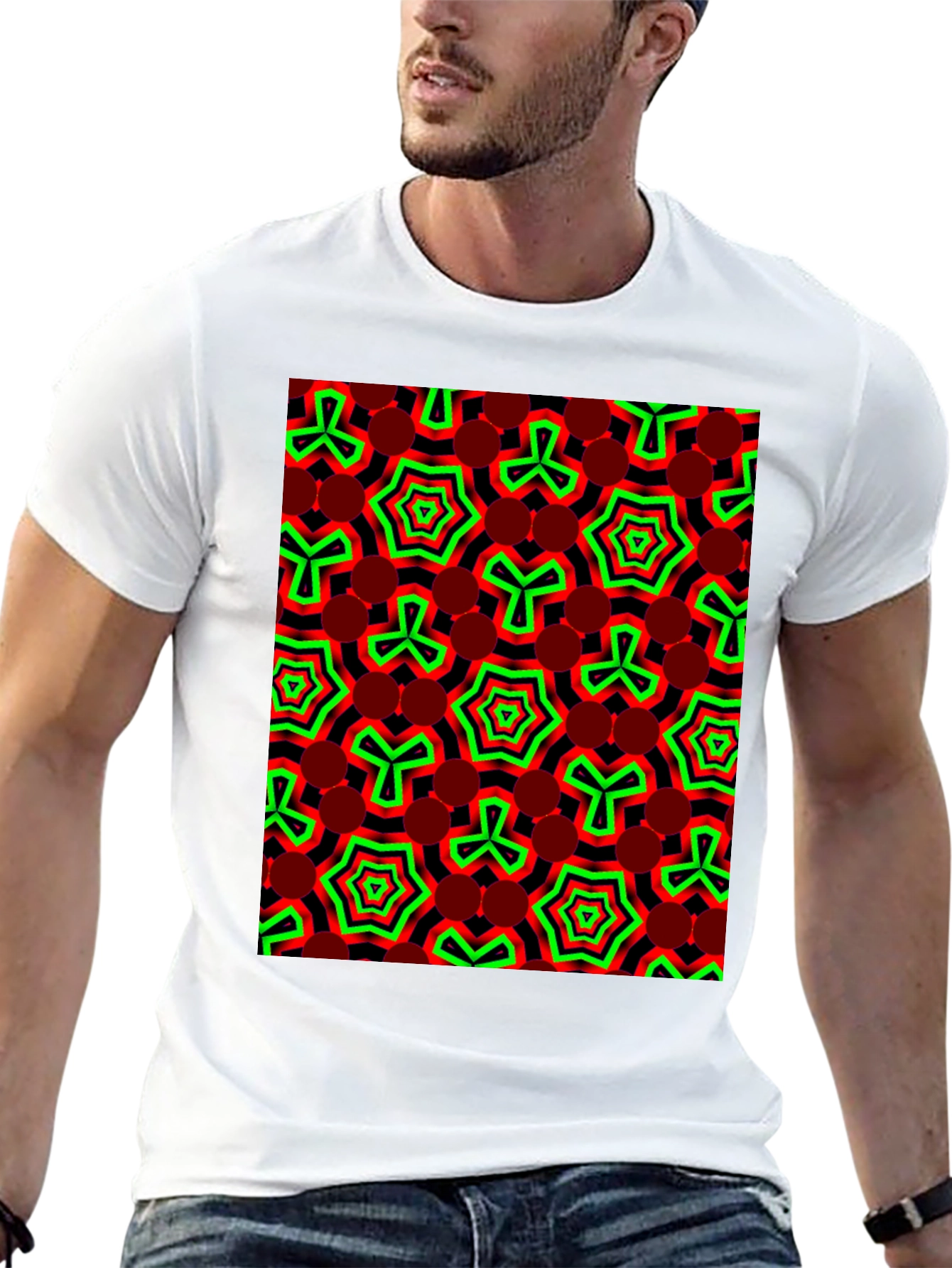 Geometric Pattern T-Shirt - Red & Green Design