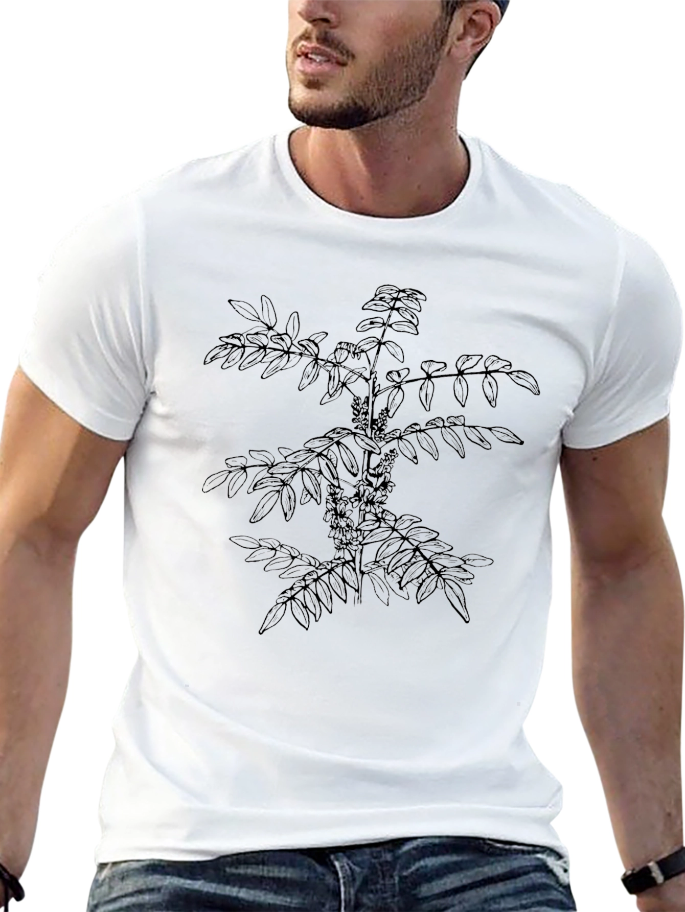 Botanical Print Black Tee - Nature Inspired Design