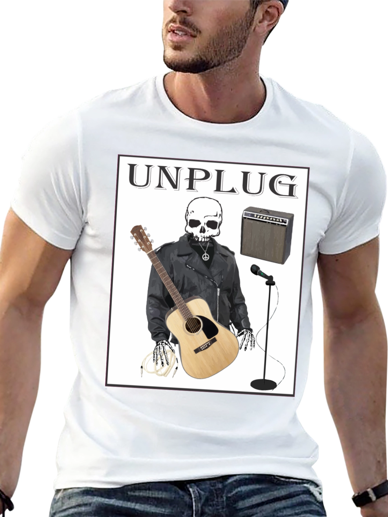 Unplug Skeleton Musician Graphic T-Shirt