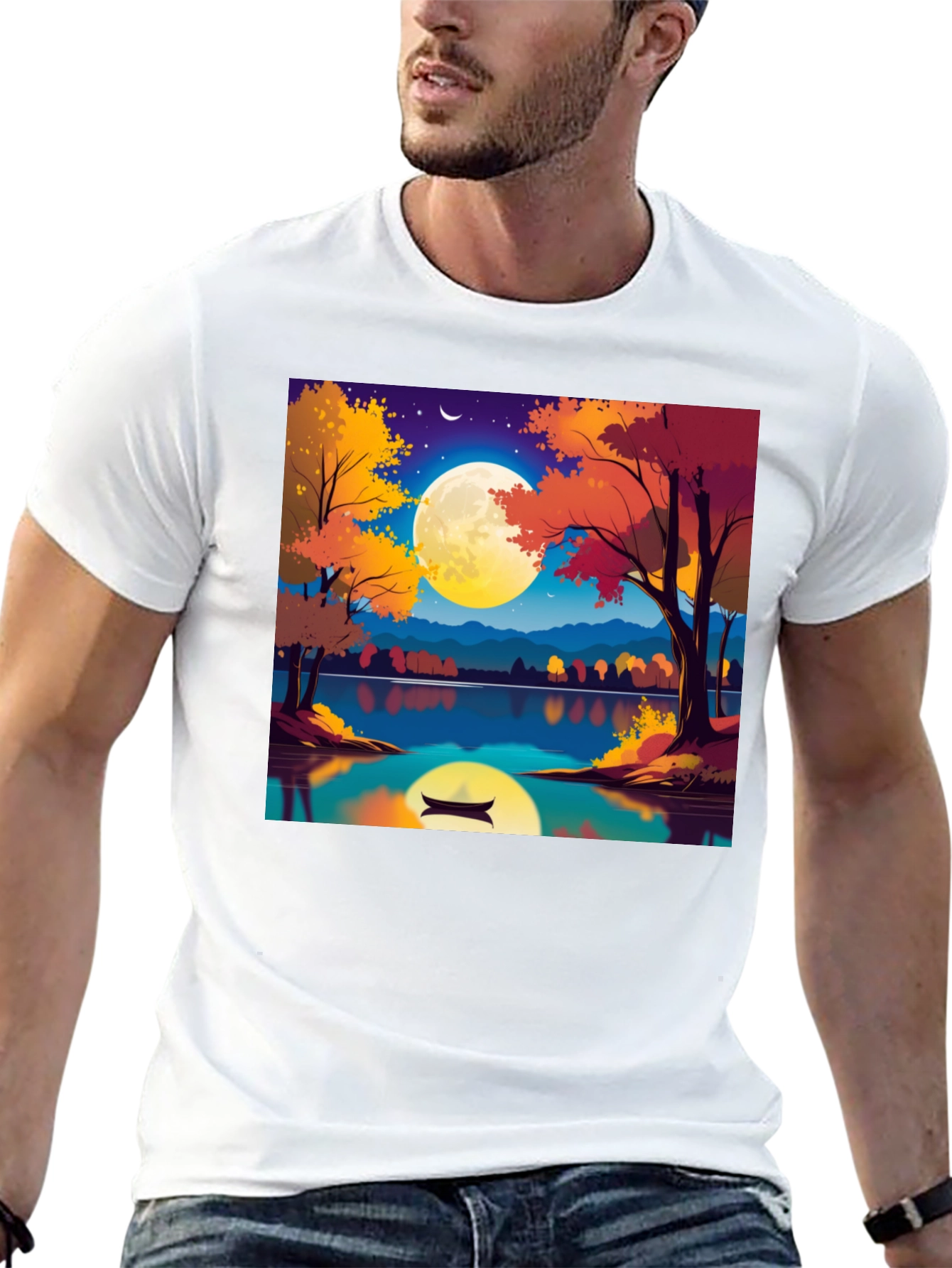 Autumn Lake T-Shirt - Scenic Moonlit Design