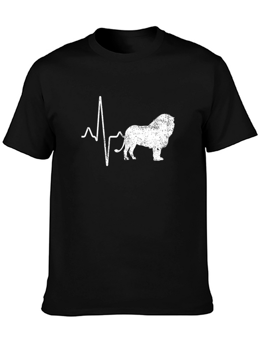 Lion Heartbeat Graphic Tee - Black Cotton Casual T-Shirt