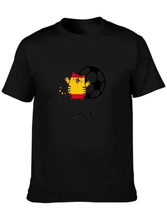 Spain Soccer Cat Black T-Shirt