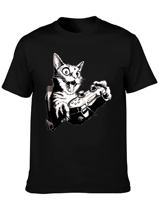 Gamer Cat Graphic Tee - Playful Black T-Shirt