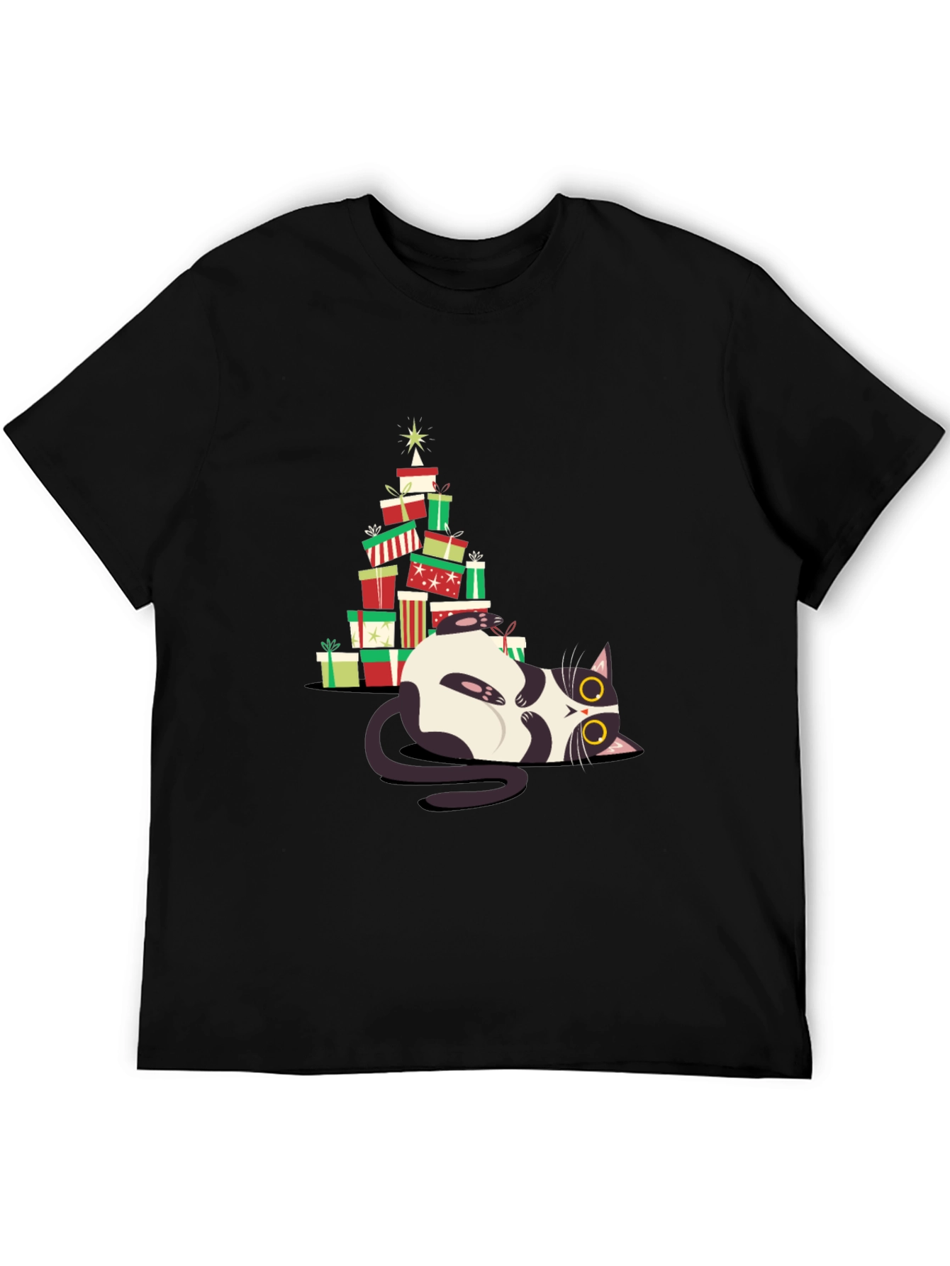 Christmas Cat Gift Stack T-Shirt - Festive & Fun!