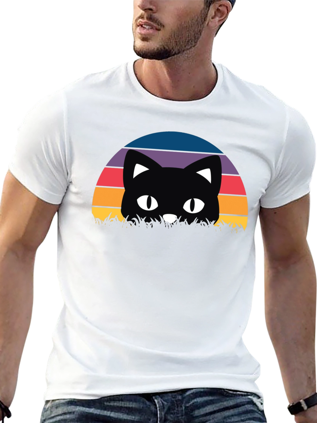 Retro Cat Sunset T-Shirt - Black