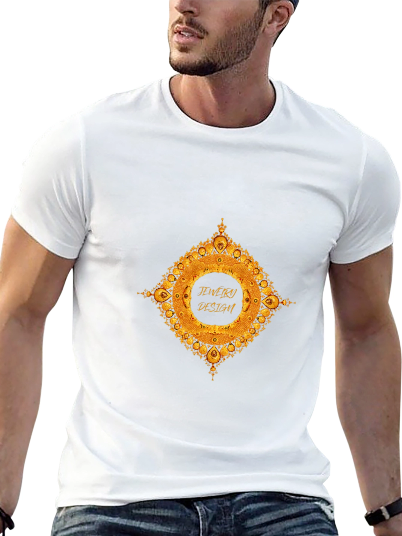 Mens Black T-Shirt with Gold Jewelry Design