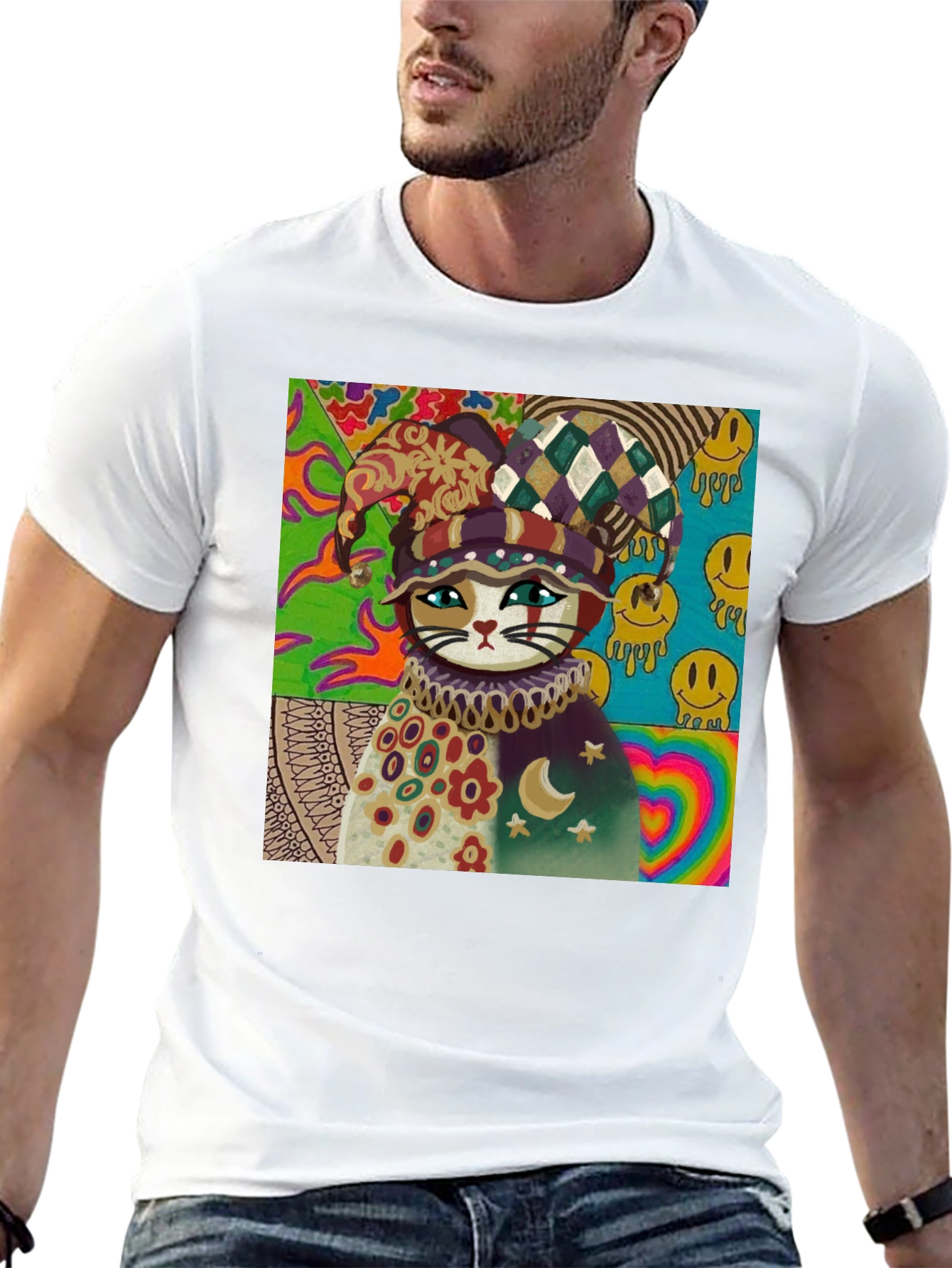 Psychedelic Cat Jester Graphic Tee - Unique Design