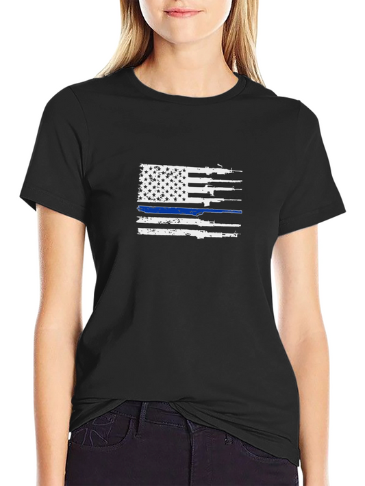 Thin Blue Line USA Flag Gun Graphic Tee - Patriotic Support Shirt