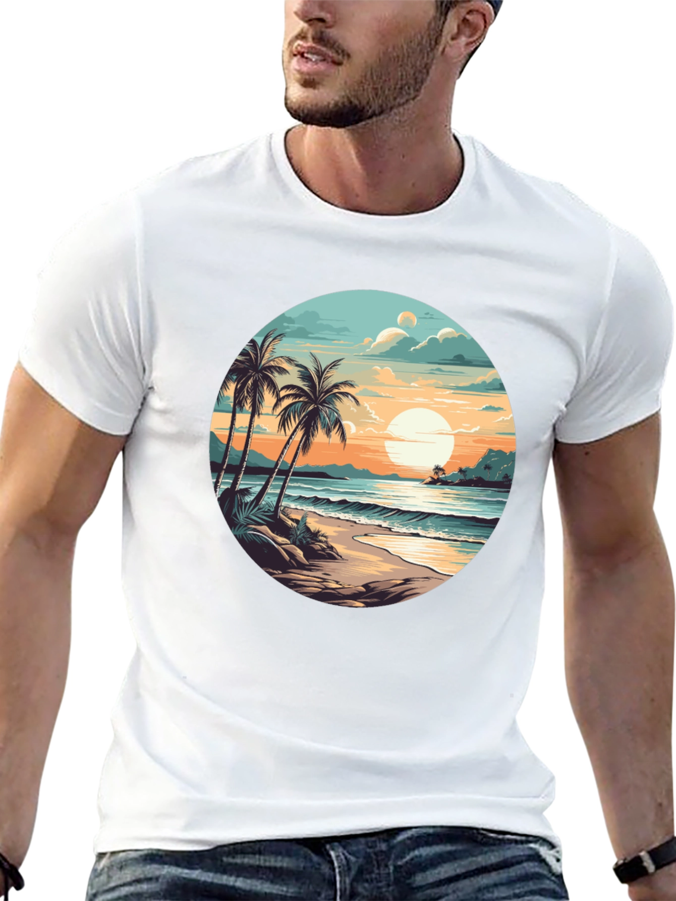 Tropical Beach Sunset Graphic Tee - Black