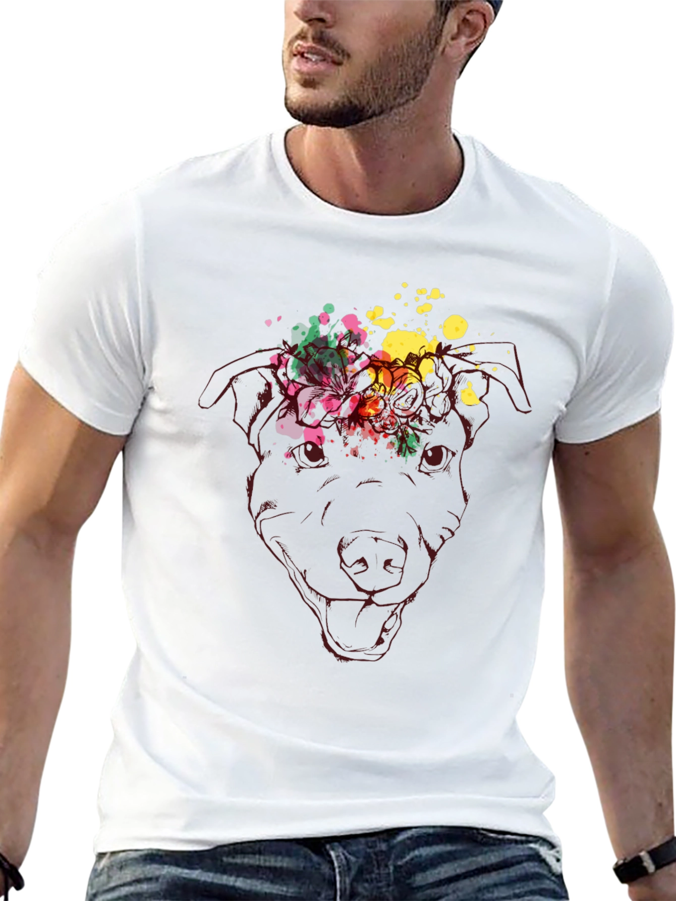 Dog Head Floral Splash Graphic Tee - Black