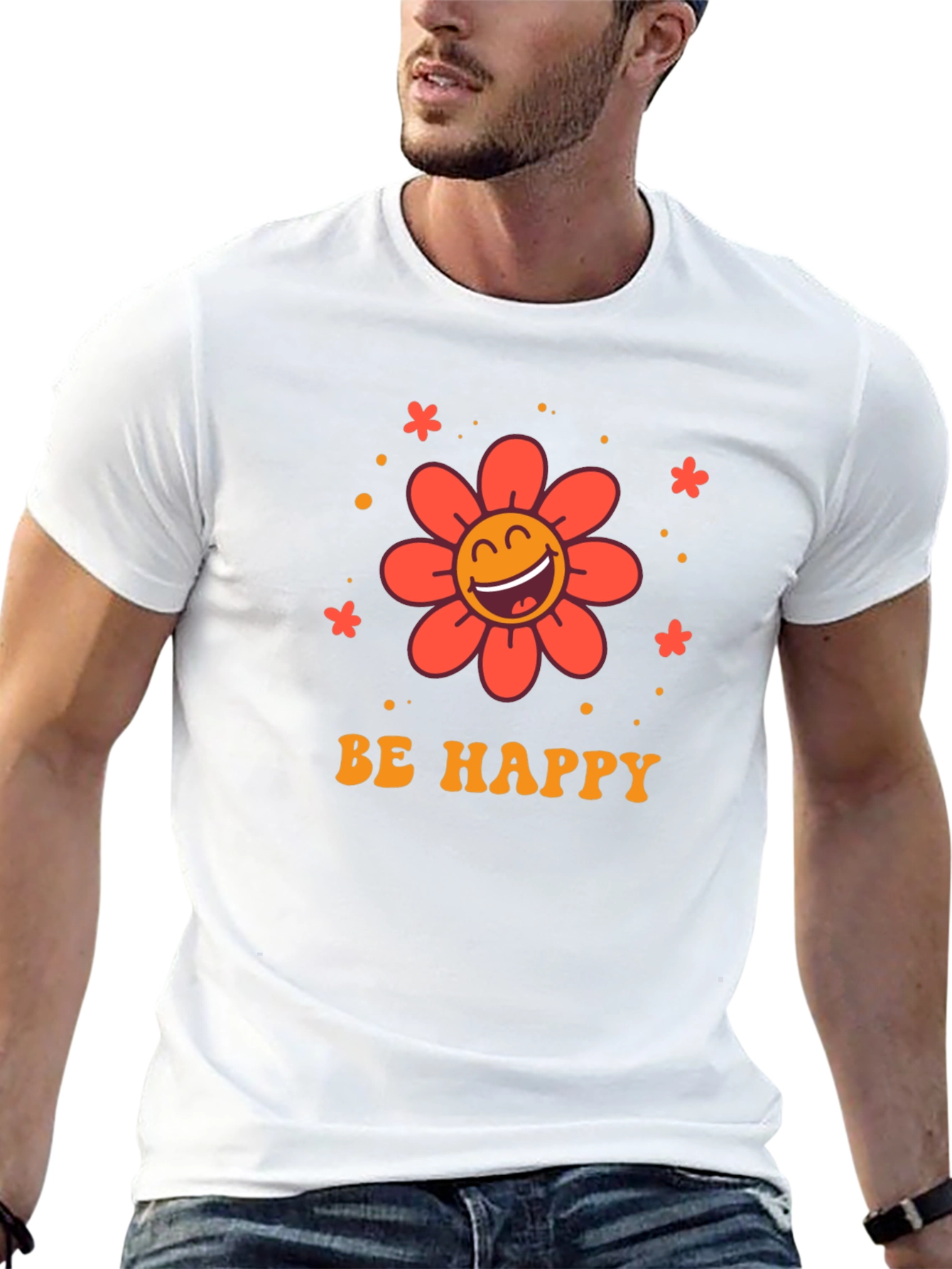 Be Happy Graphic Tee - Retro Flower Design