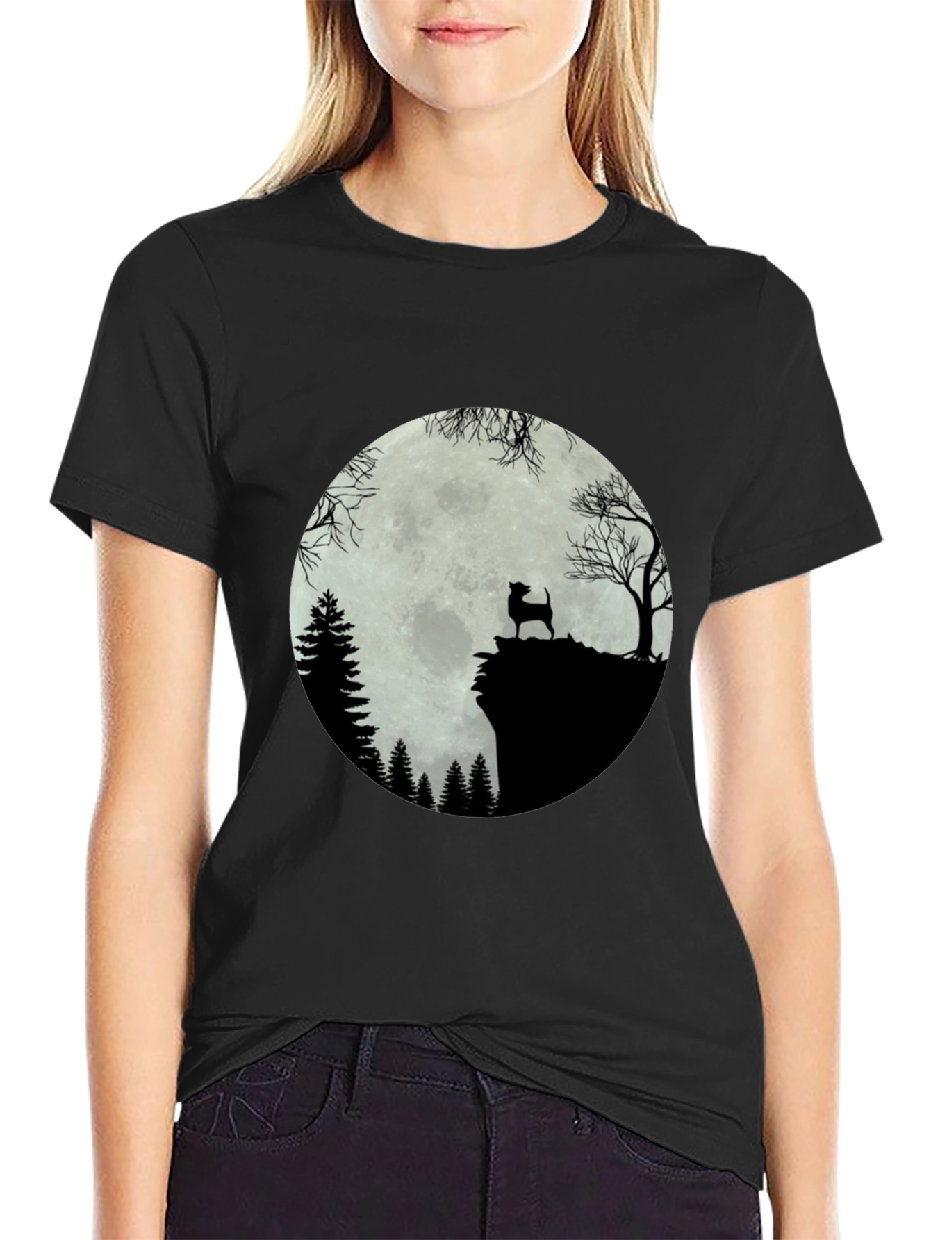 Moonlit Dog Silhouette Tee - Black