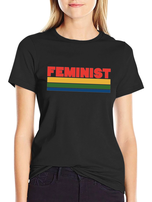 Feminist Rainbow Striped Graphic Tee - Black