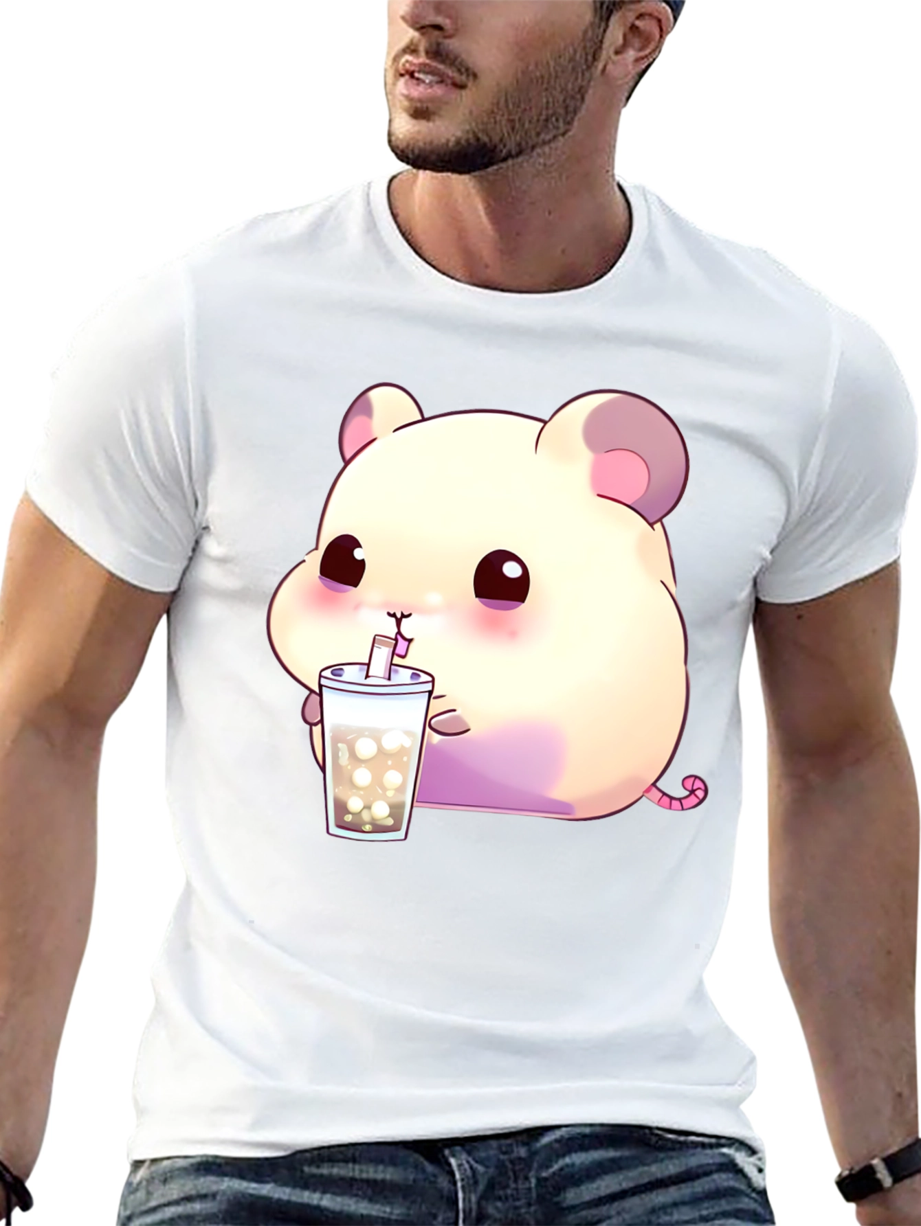 Cute Hamster Bubble Tea Graphic T-Shirt - Black