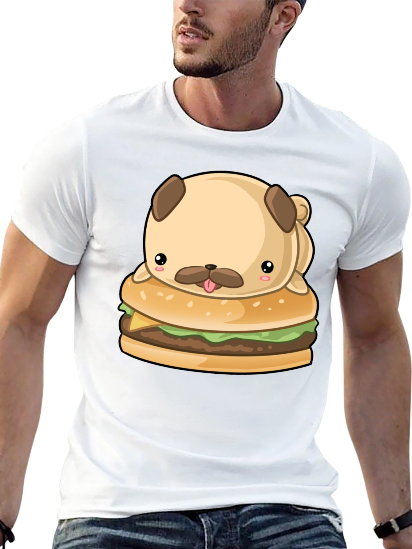 Cute Pug Burger Graphic Black T-Shirt