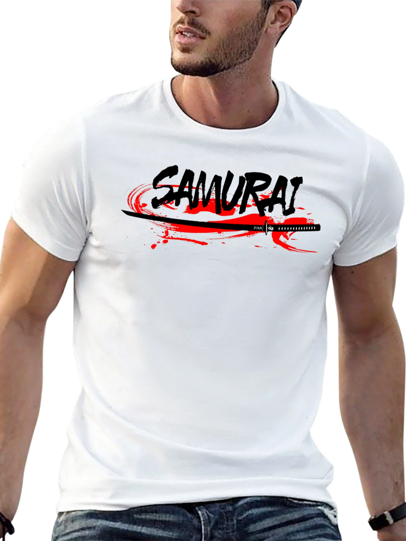 Samurai Sword Graphic Print Black T-Shirt