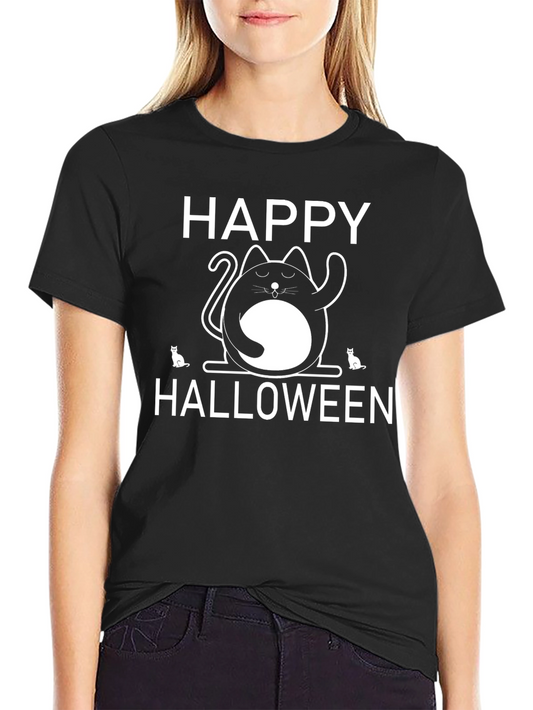 Happy Halloween Cat T-Shirt Black Crew Neck Tee