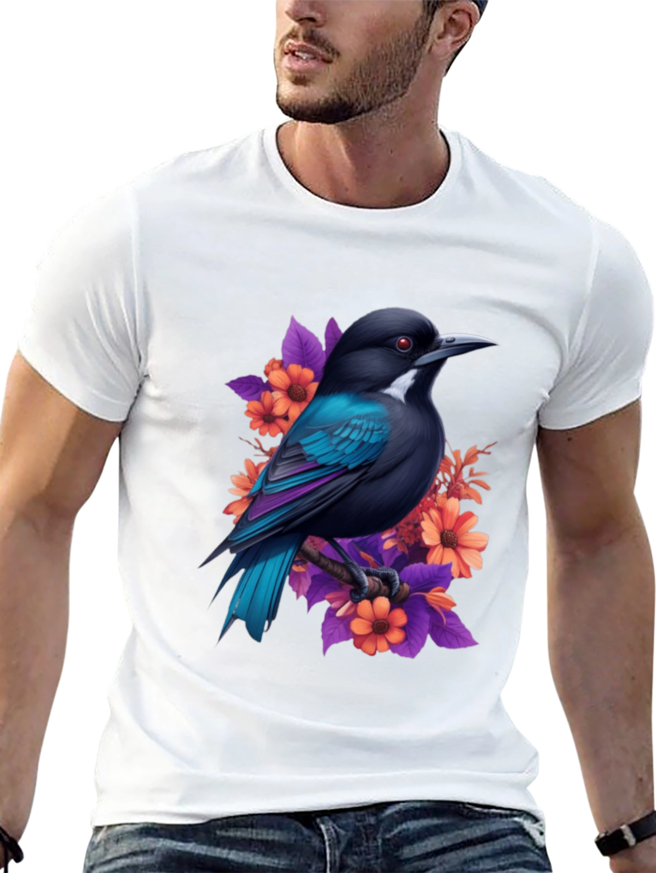 Floral Bird Print Black T-Shirt