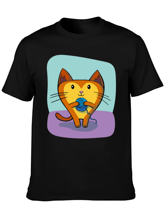 Cute Cat with Yarn Ball Graphic Tee - Black T-Shirt