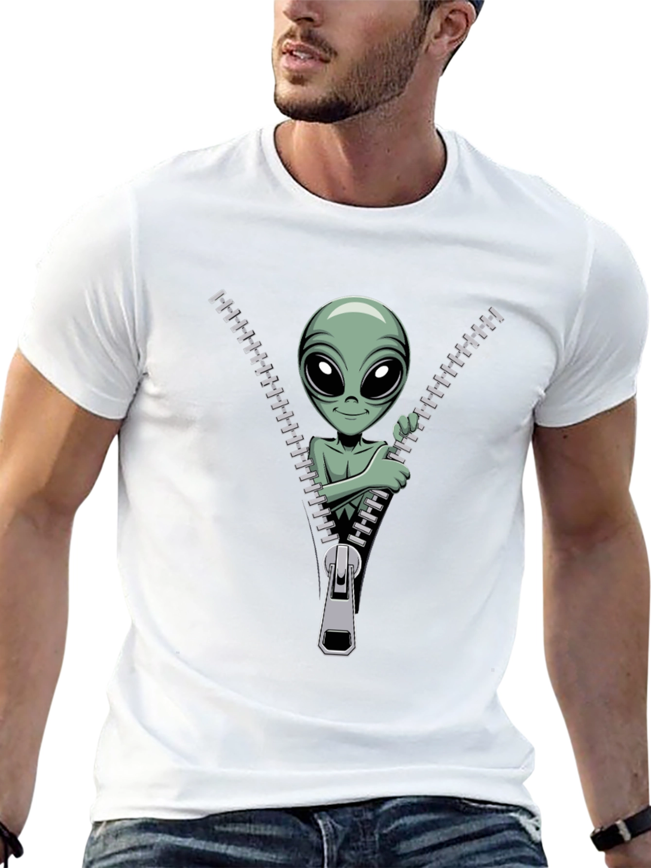 Alien Zipper T-Shirt - Funny Graphic Tee