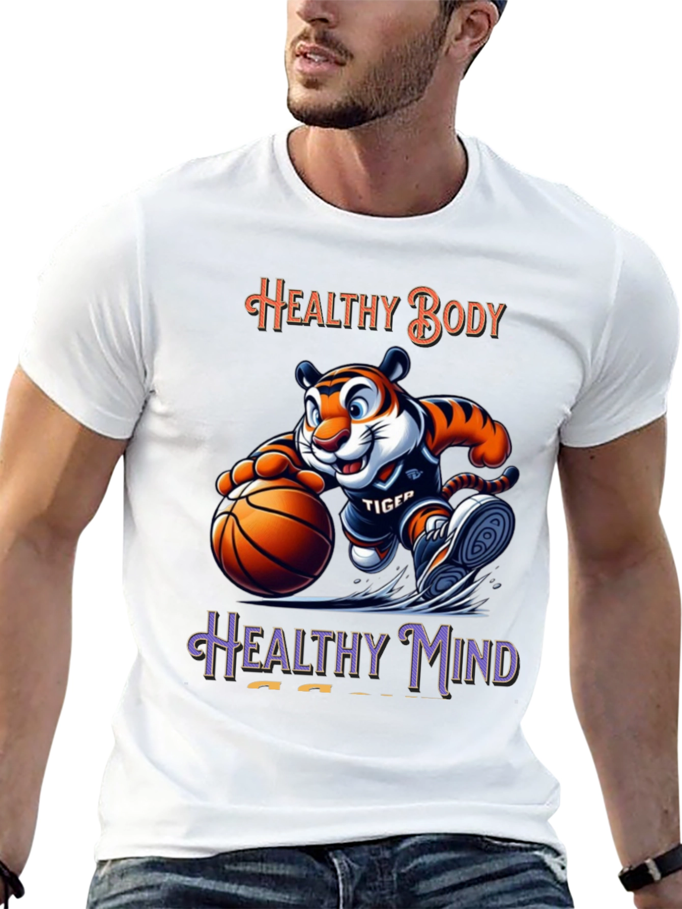 Healthy Body Healthy Mind Black T-Shirt Tiger Basketball Design