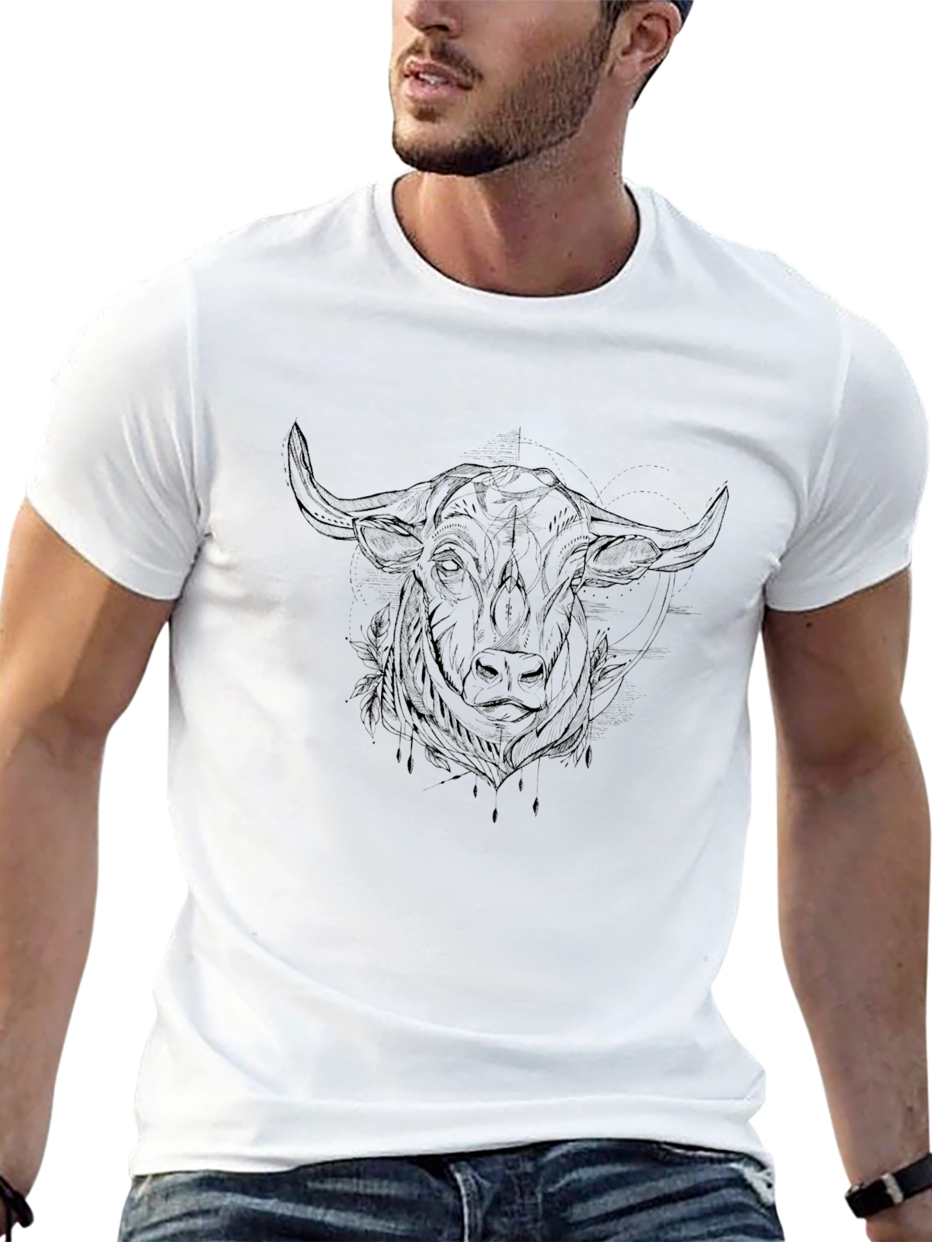 Black Bull Graphic Tee - Modern Line Art Design