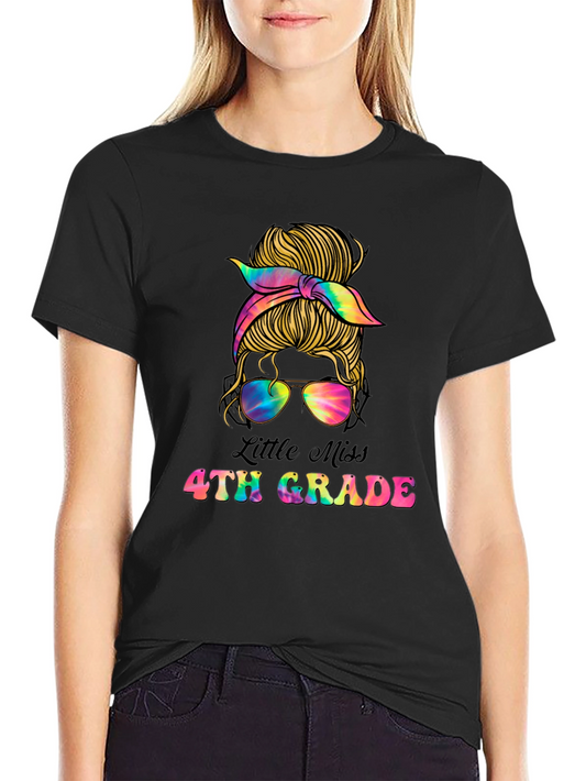 Little Miss 4th Grade Messy Bun T-Shirt