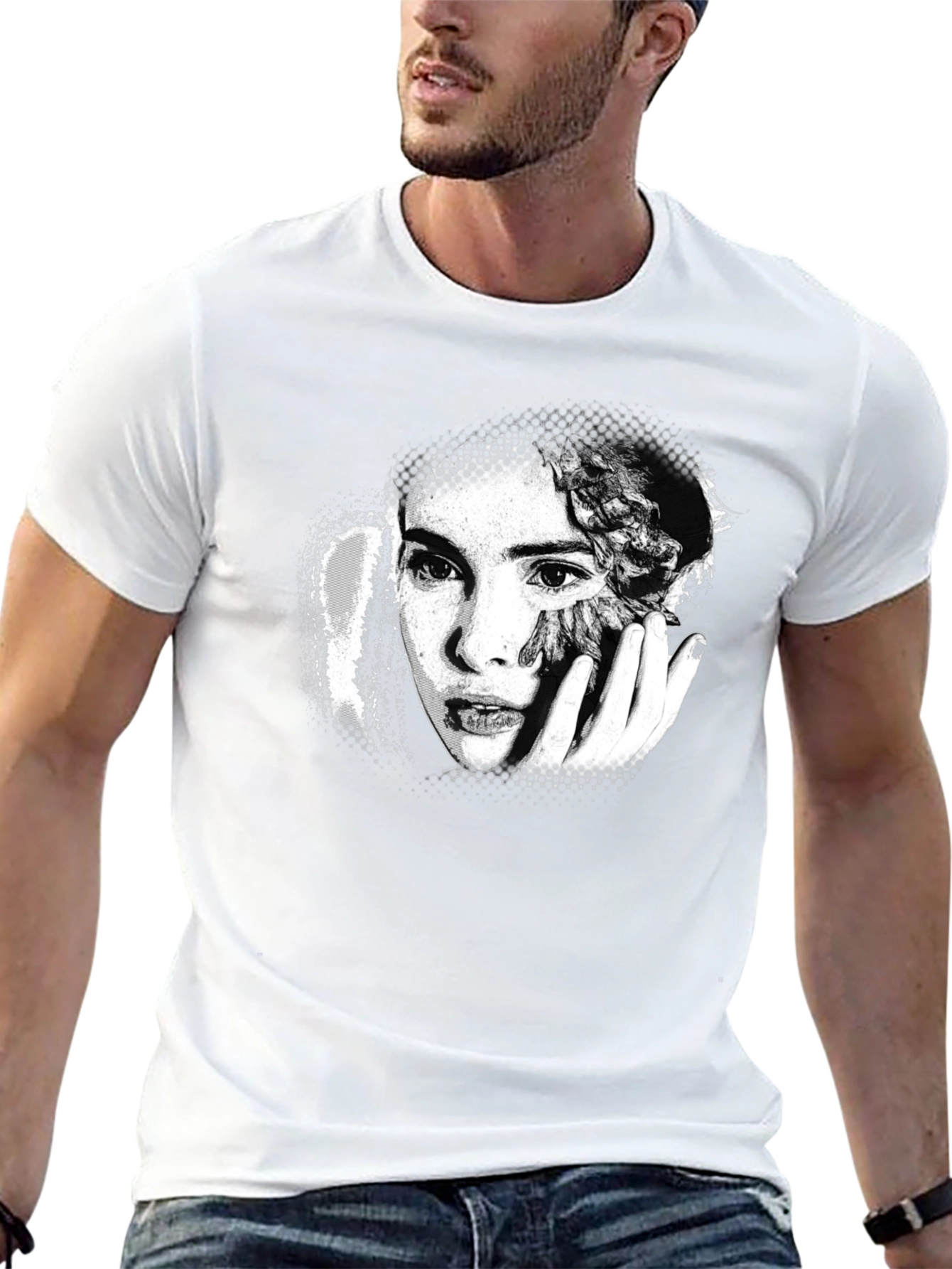 Artistic Portrait Print Black T-Shirt