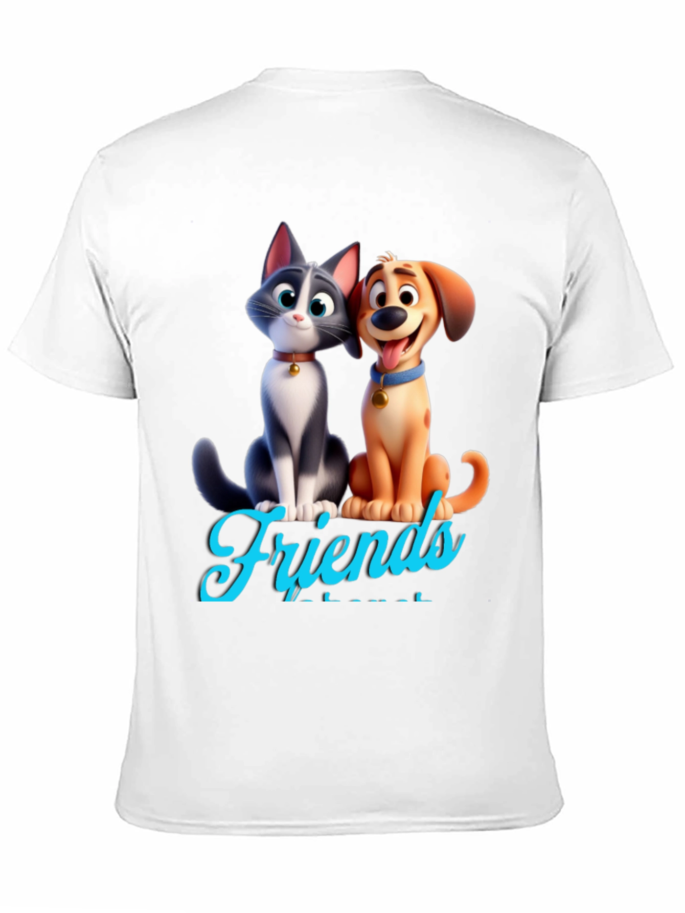 Cartoon Cat and Dog Friends Black T-Shirt