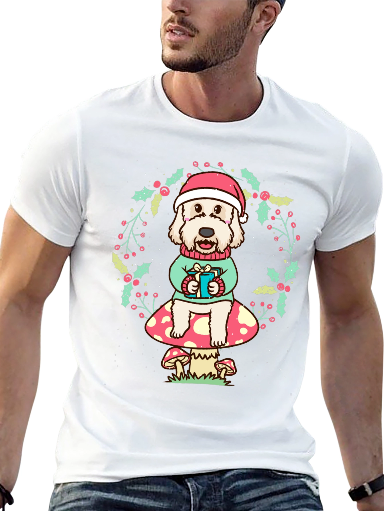 Festive Dog on Mushroom Tee